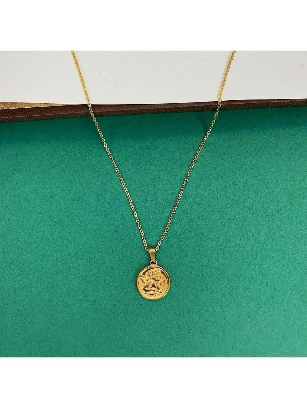 Cute Baby Angel Stainless Steel Gold Plated Circle Pendant y2k 90s style